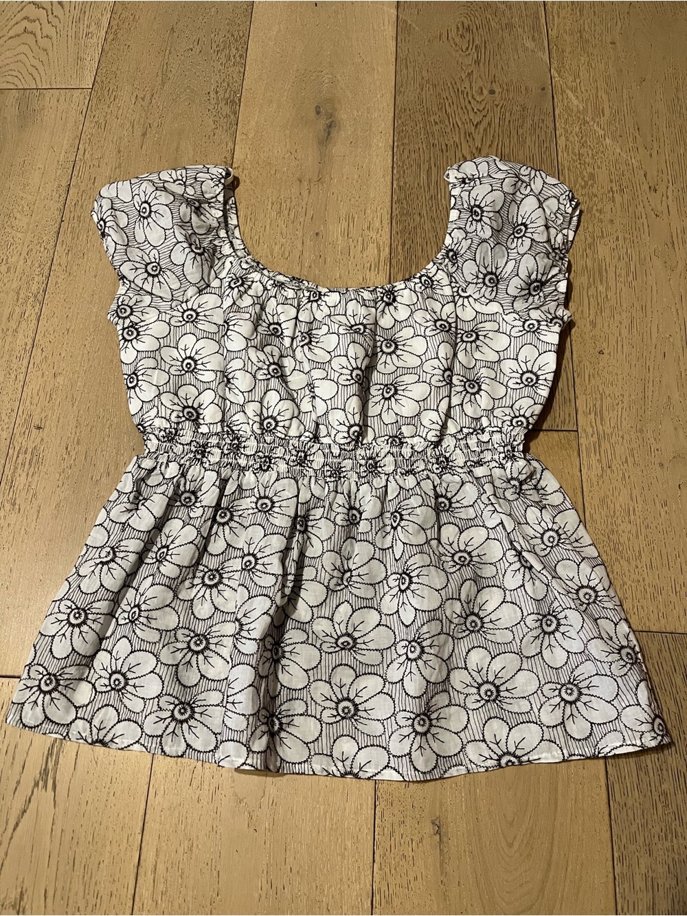 Smocked Waist Black & White Floral Tunic Top